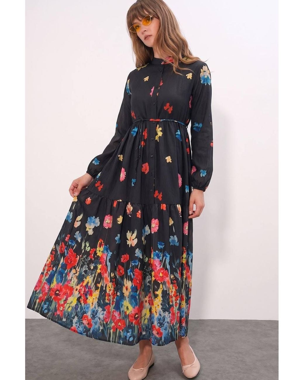 Bigdart Blue Buttoned Crew Neck Maxi Dress With Waistband