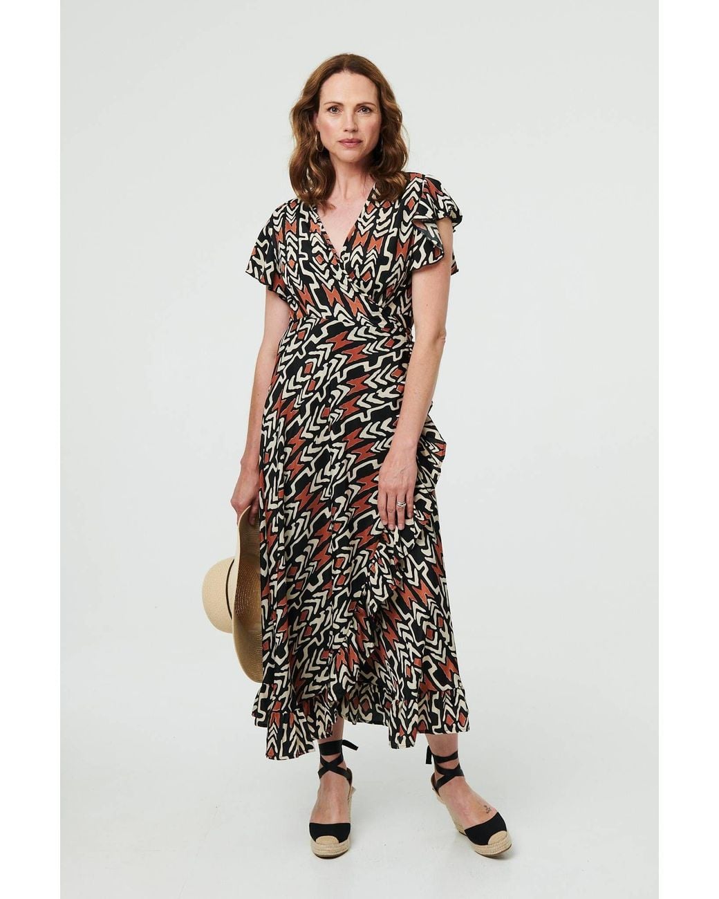 Izabel London White Abstract Frilled Sleeve Wrap Midi Dress