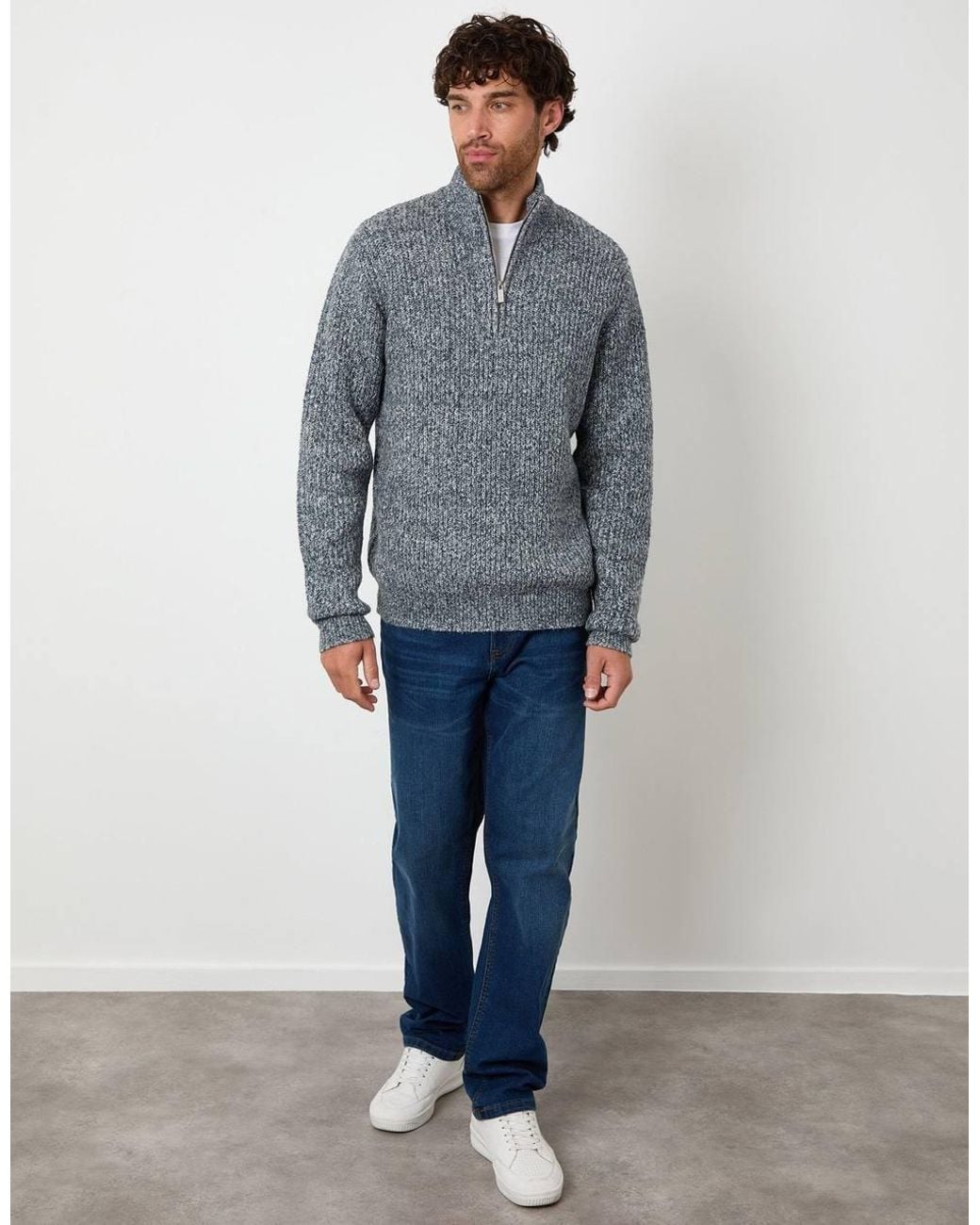 Threadbare Blue Knitted Quarter Zip Jumper for men