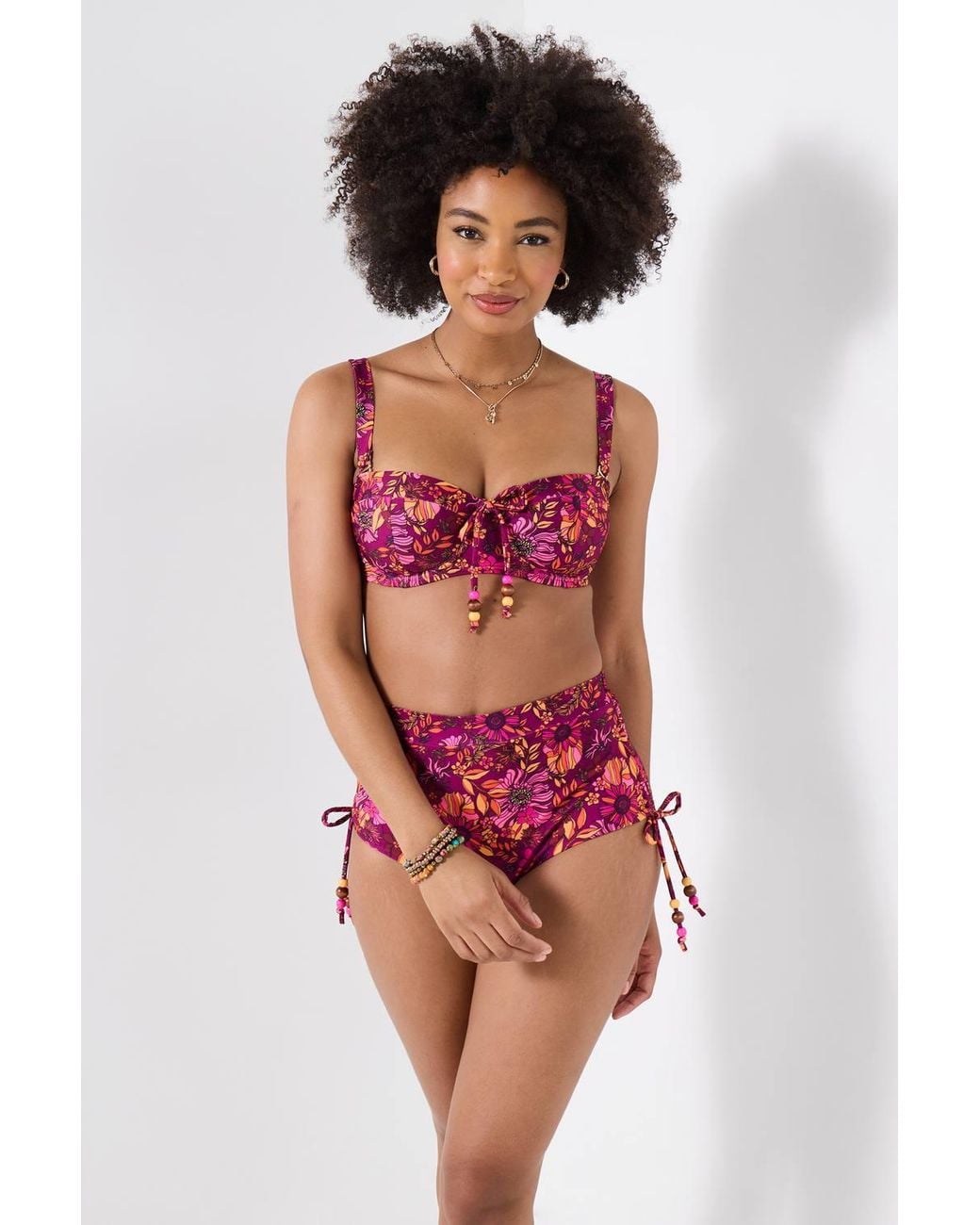 Joe Browns Pink Floral Print Bikini Top With Hardware & Beaded Bow