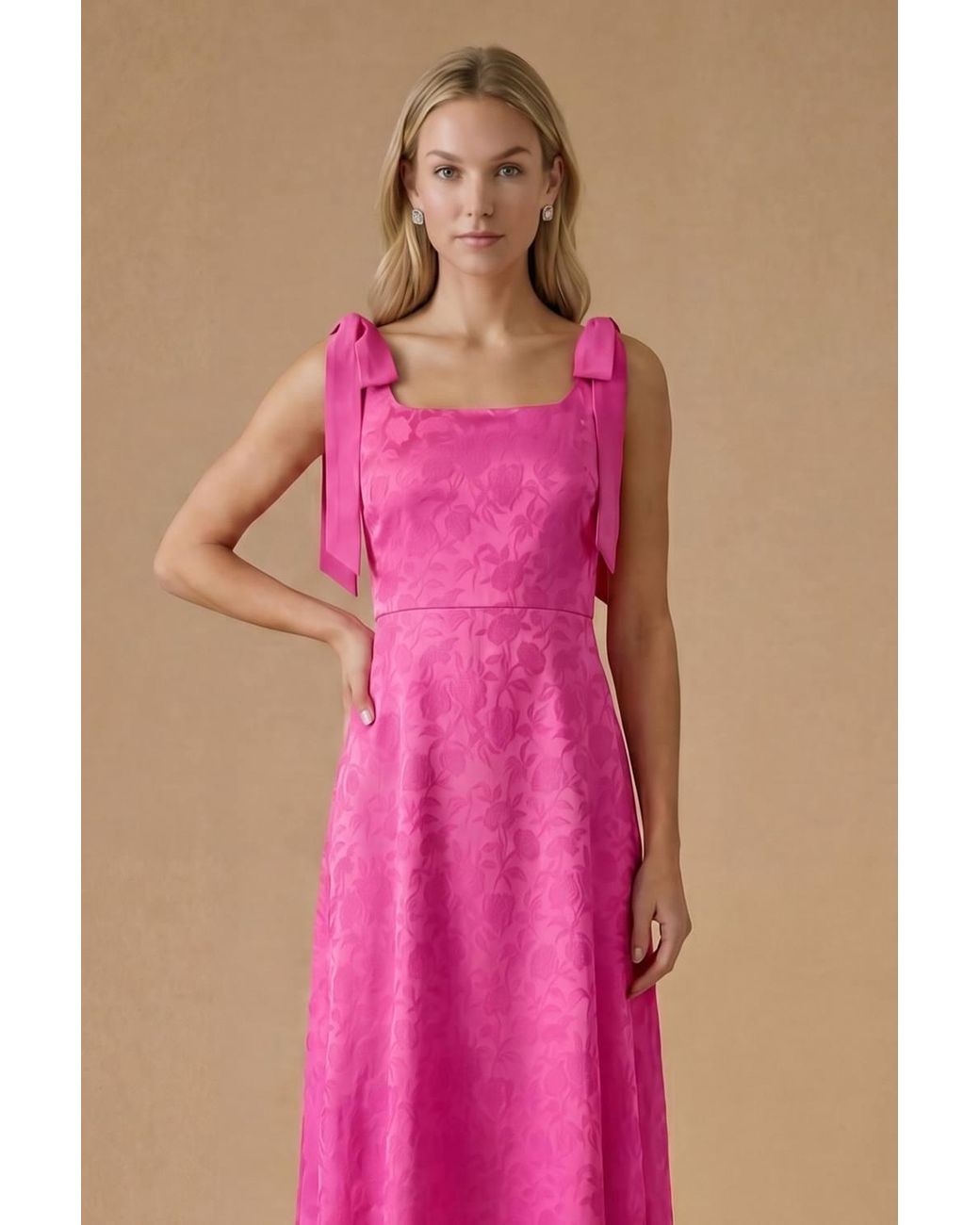 Oasis Pink Petite Square Neck Chiffon Tie Shoulder Satin Jacquard Bridesmaid Maxi Dress