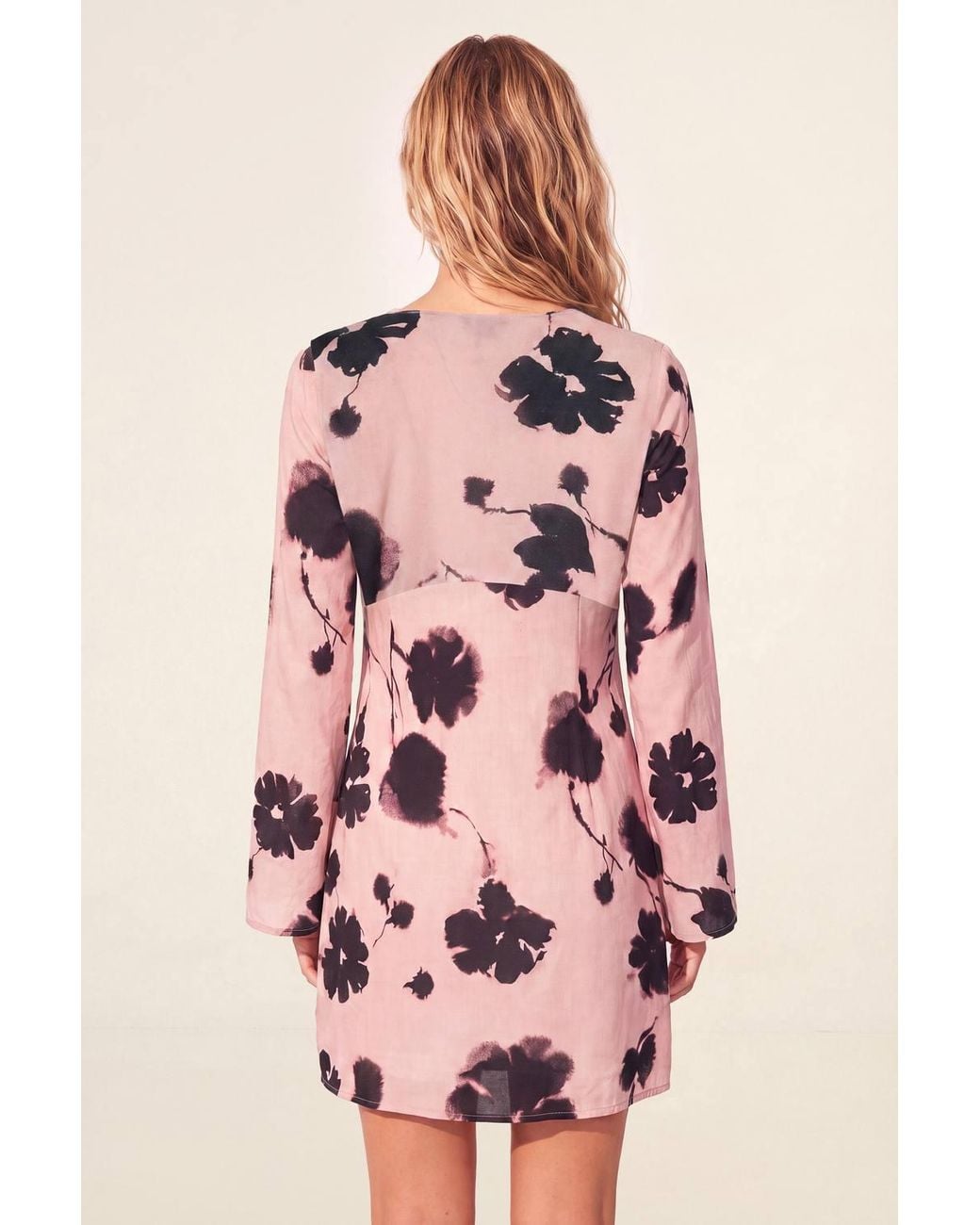 Nasty Gal Pink Painted Floral Tie Front High Neck Fluted Sleeve Mini Dress