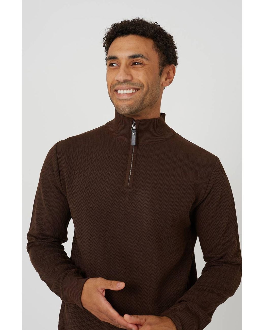 Brave Soul Brown Funnel Neck Quarter Zip Knitted Jumper for men