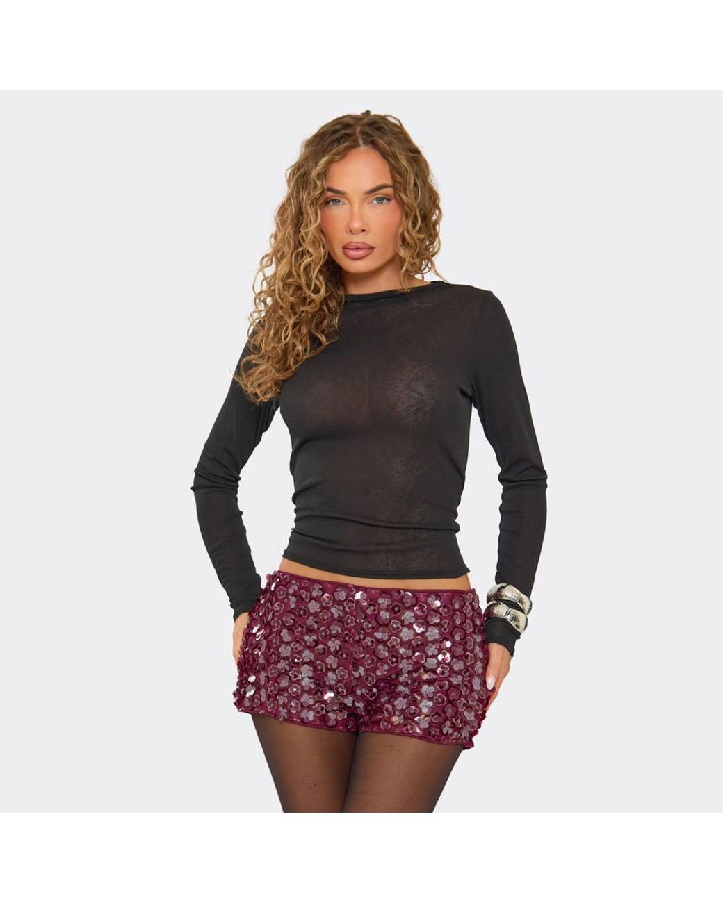 EGO Red Sequin Mid Rise Mini Shorts