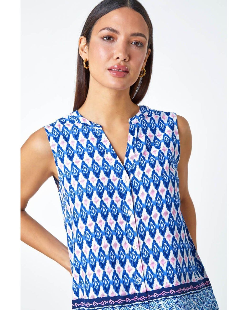 Roman Blue Longline Border Print V-Neck Blouse