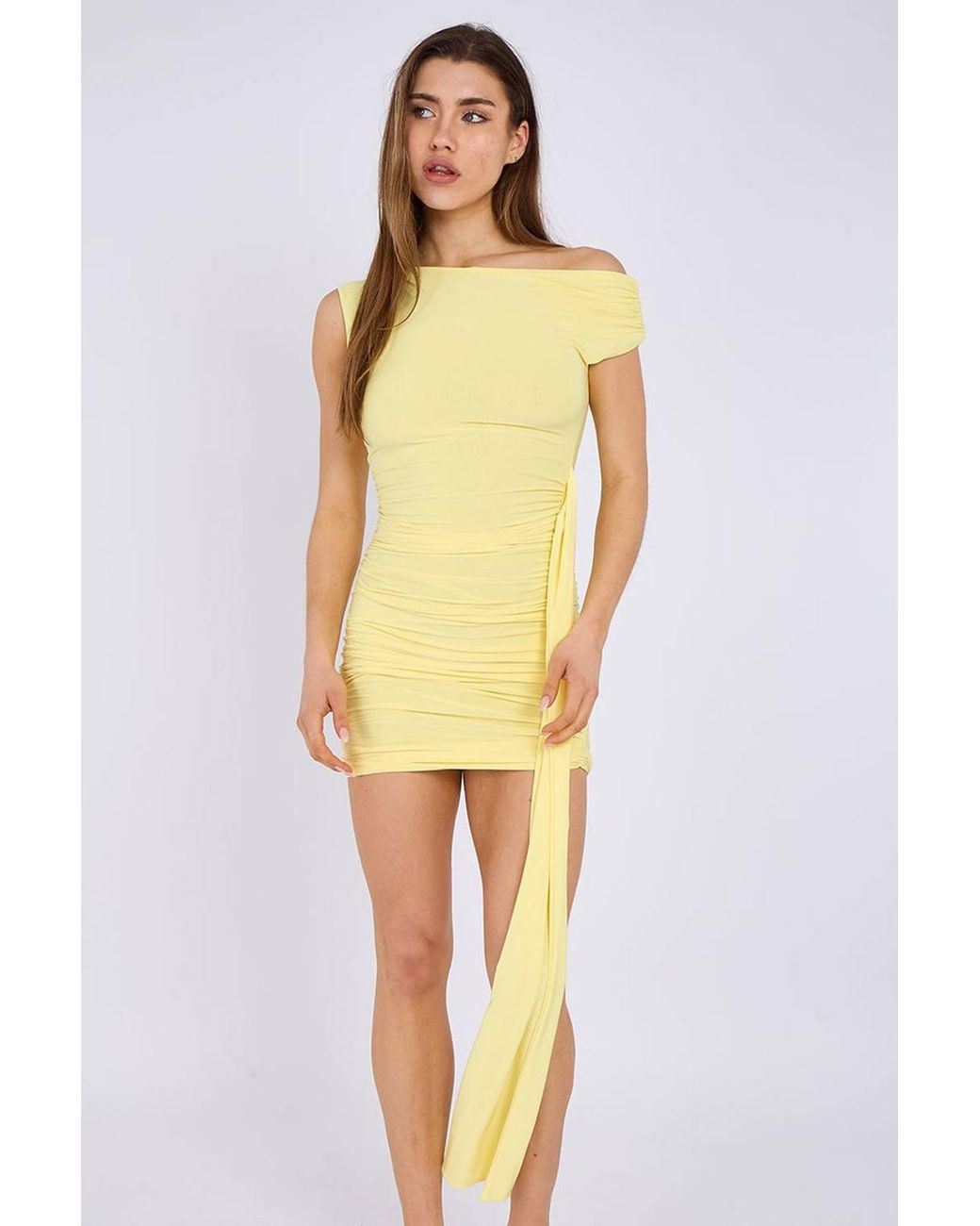 Stylewise Yellow Ruched Drape Detail Slinky Bodycon Midi Dress