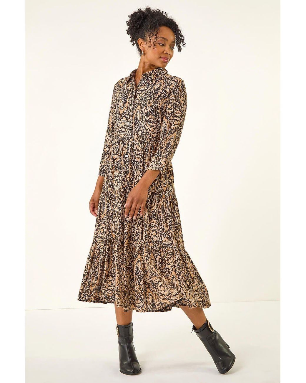 Roman Brown Petite Abstract Print Tiered Midi Dress