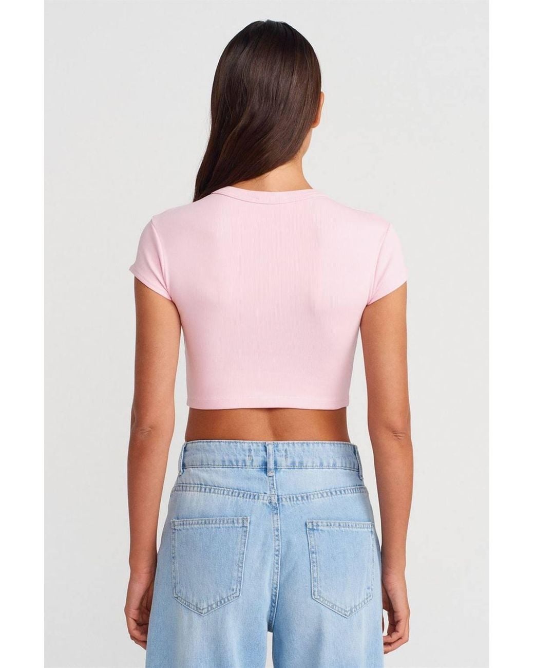Dilvin Natural Slim Fit Crop Crew Neck T-Shirt