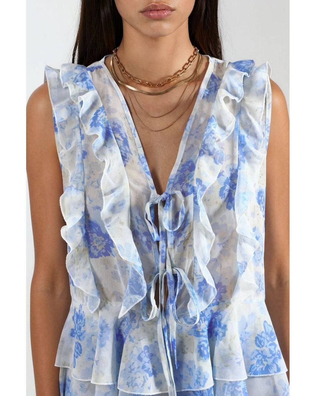 Hiccup Blue Floral V-Neck Chiffon Blouse With Tie Closure