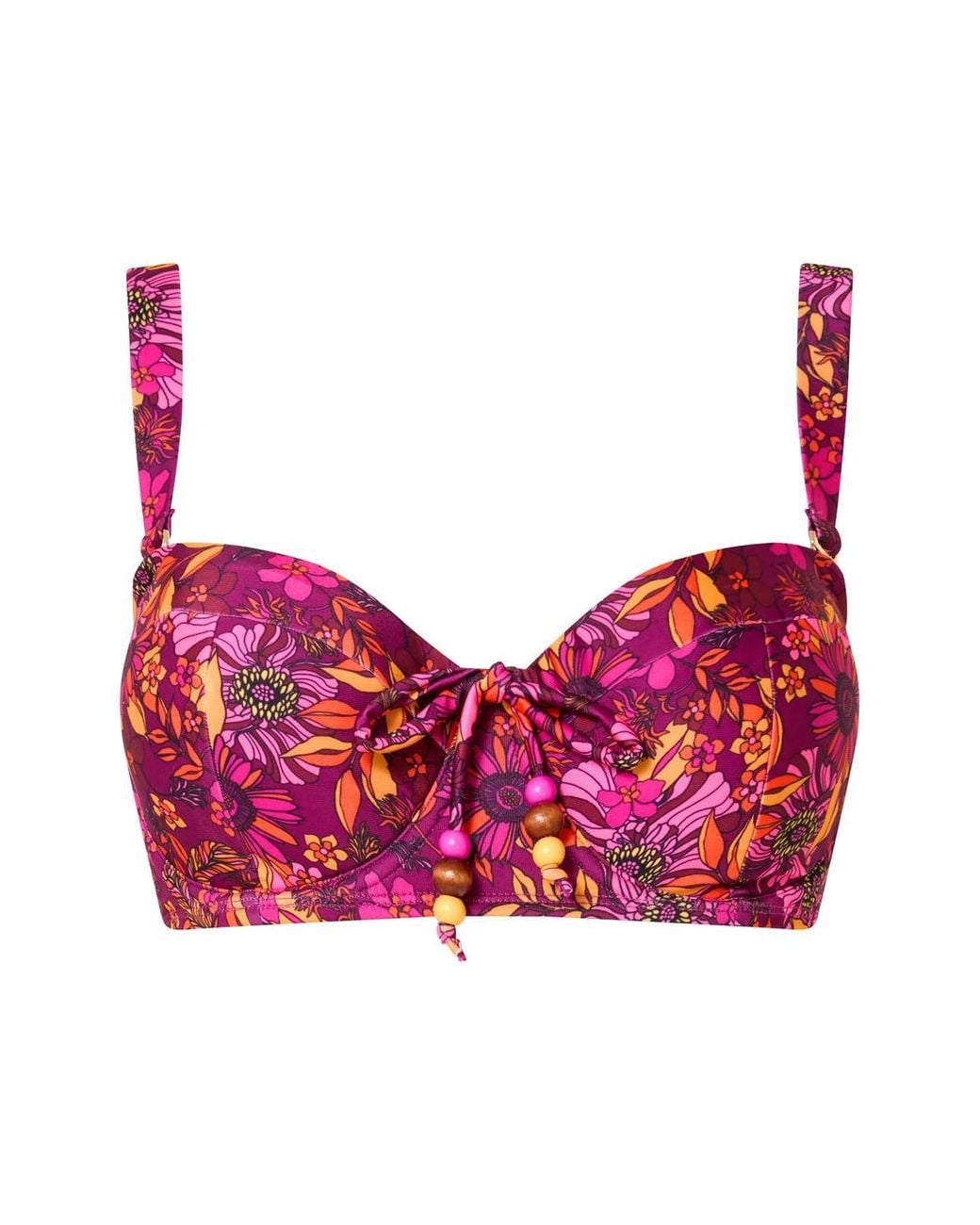 Joe Browns Pink Floral Print Bikini Top With Hardware & Beaded Bow