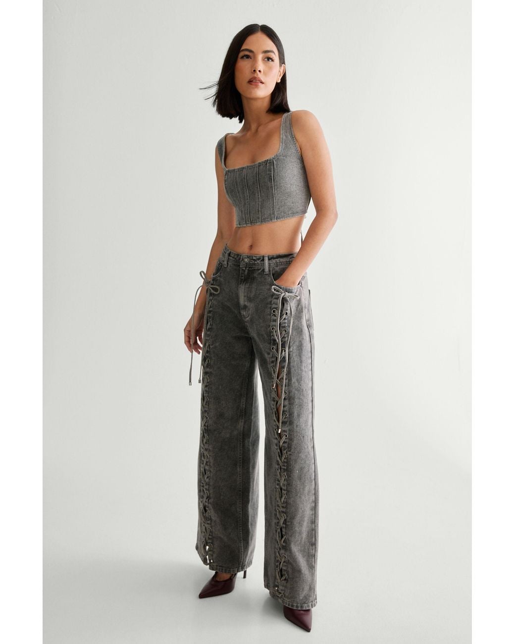 Nasty Gal Black Lace Back Detail Denim Corset Top