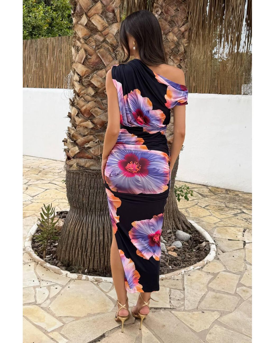 AX Paris Black Lilac Floral Print Off-The Shoulder Midi Dress