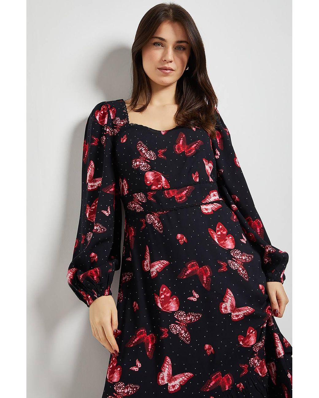 Dorothy Perkins Pink Butterfly Sweetheart Neck Frill Tier Detail Long Sleeve Maxi Dress