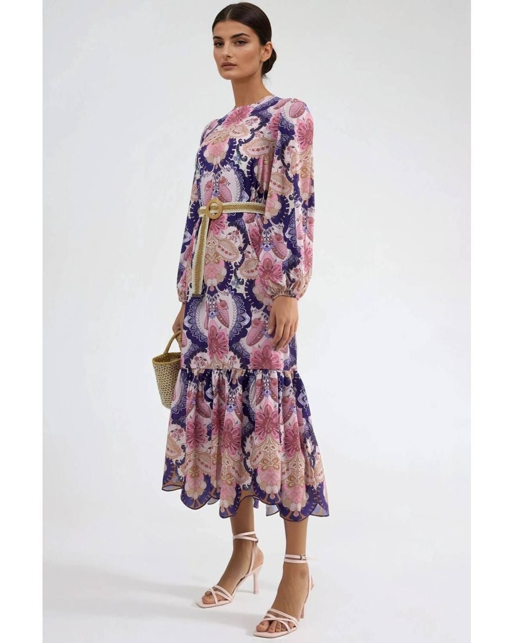 Msn-Collection Red Belted Paisley Patterned Midi Dress