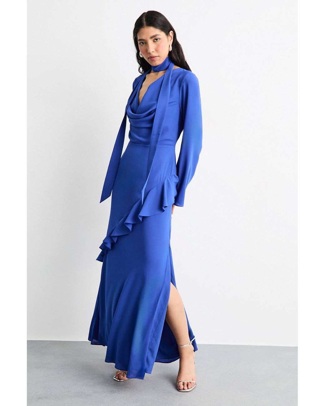 Warehouse Blue Long Sleeve Cowl Neck Ruffle Detail Maxi Dress