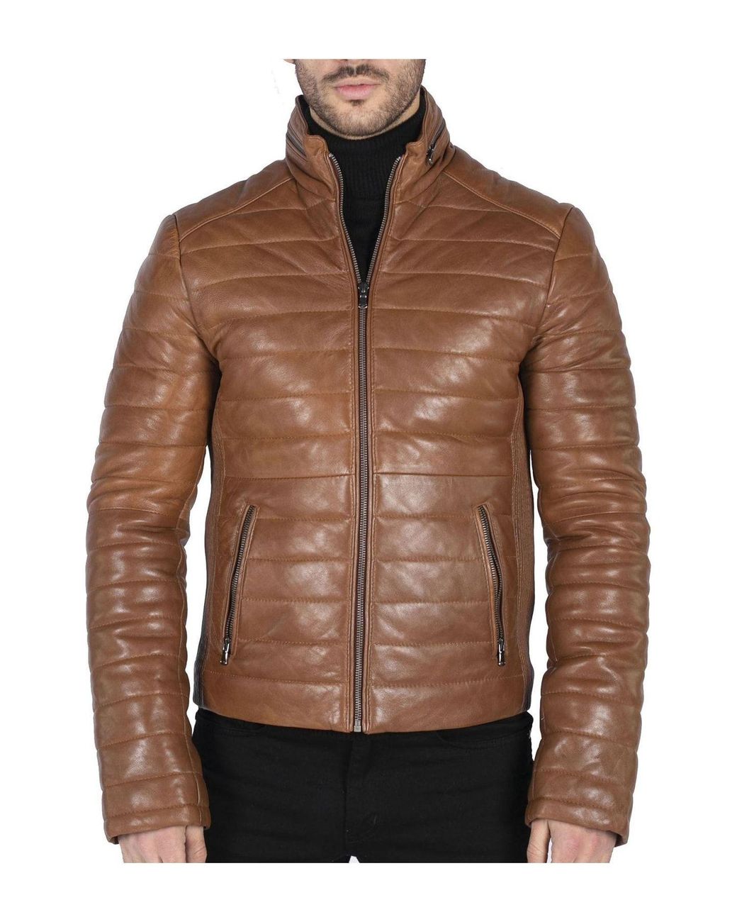 TruClothing Brown Real Leather Quilted Puffer Jacket for men