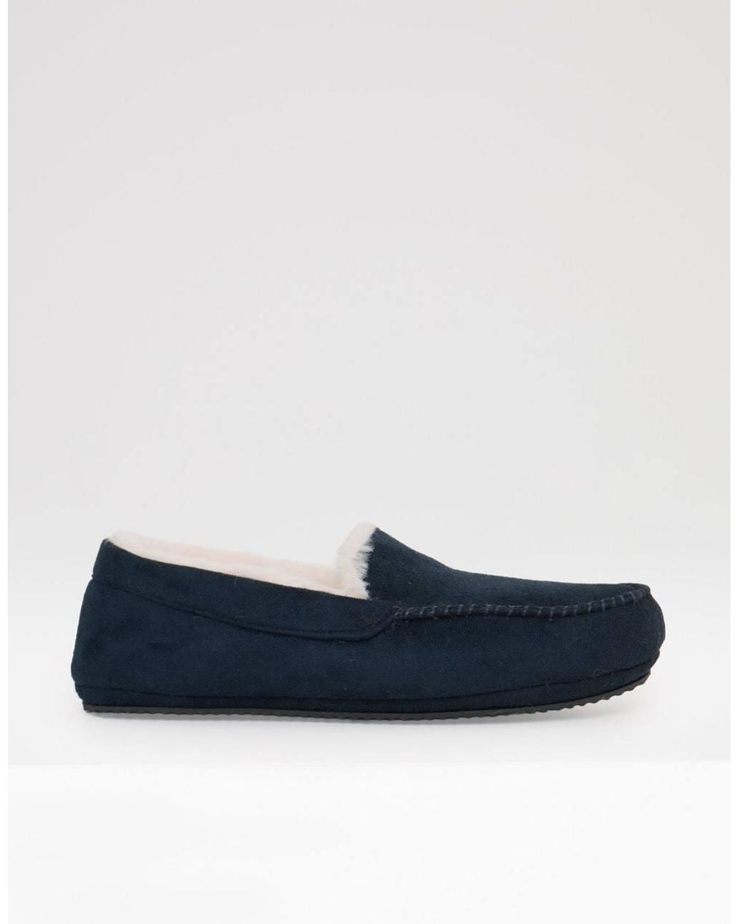 Threadbare Blue Faux Suede Faux Fur Lined Moccasin Slippers for men