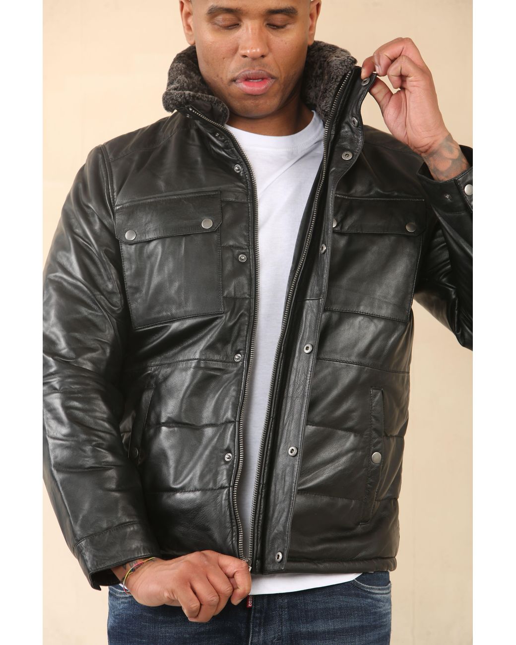TruClothing Black Quilted Faux Fur Collar Leather Jacket for men