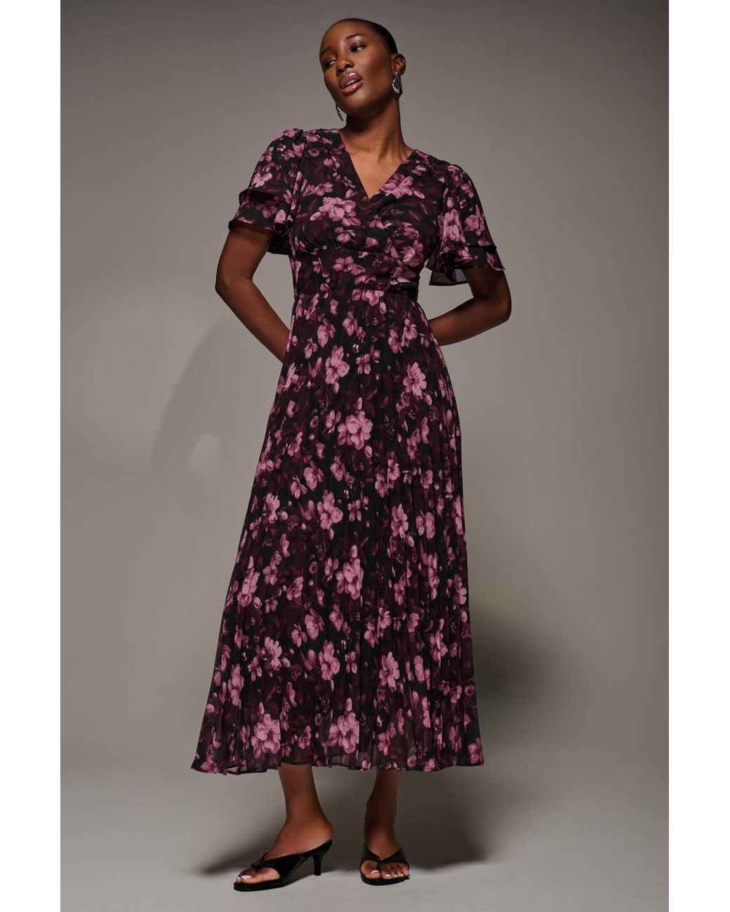 Jolie Moi Brown Chiffon Ruffle Sleeve Pleated Maxi Dress