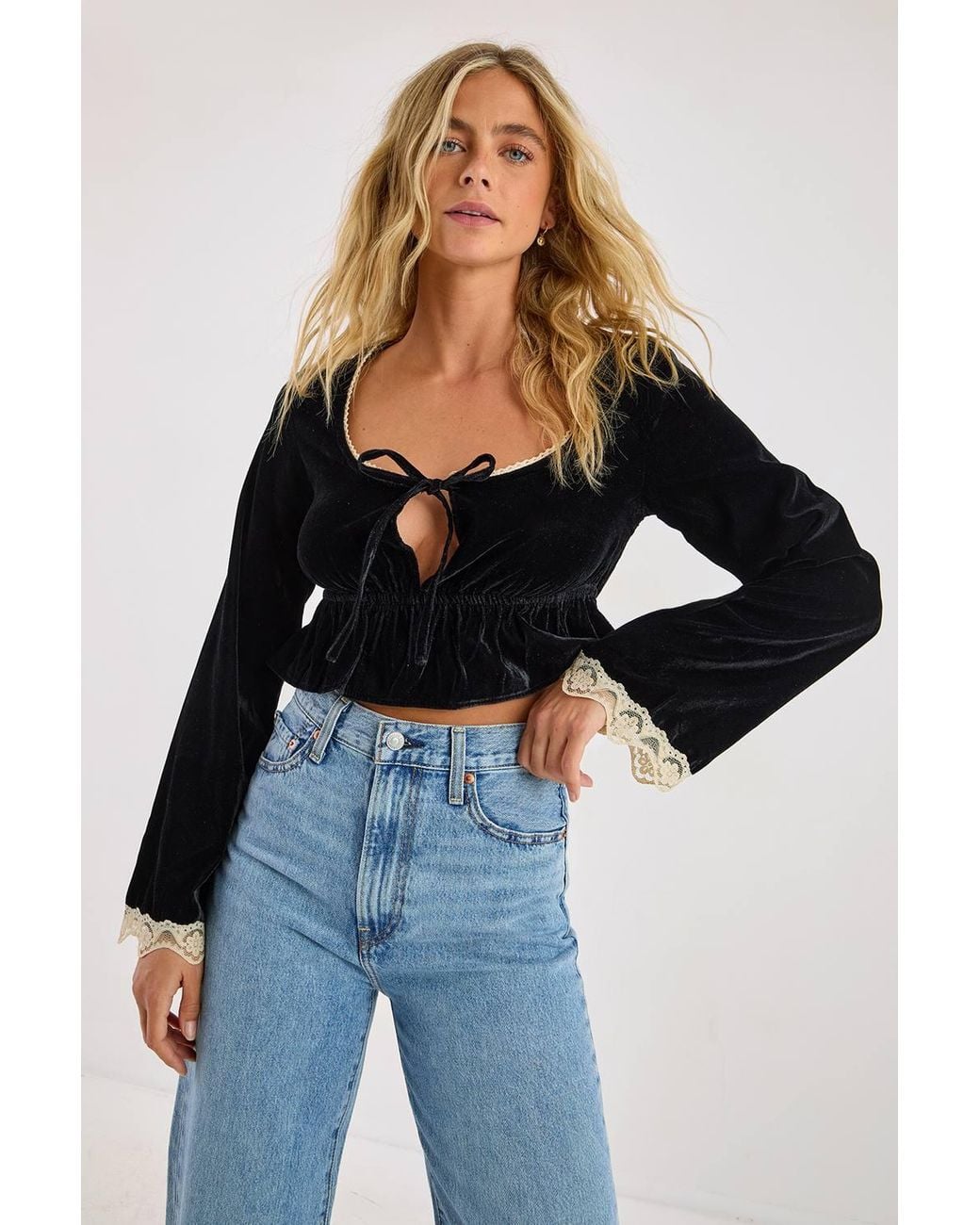 Nasty Gal Blue Velvet Lace Trim Tie Front Long Sleeve Top