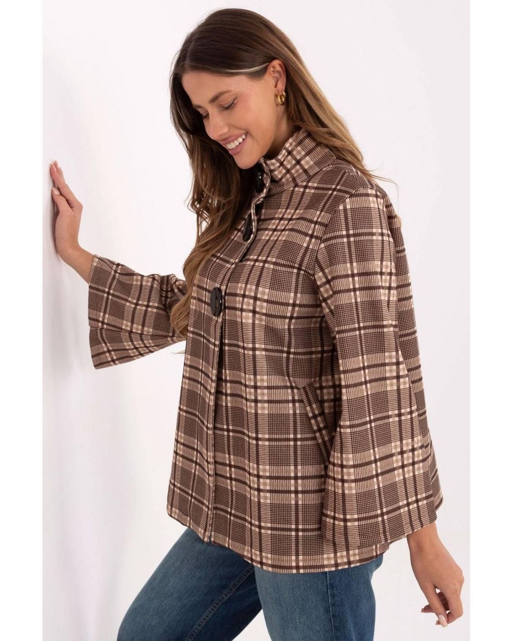 Love Lace Brown Timeless Checkered Stand Collar Button Coat