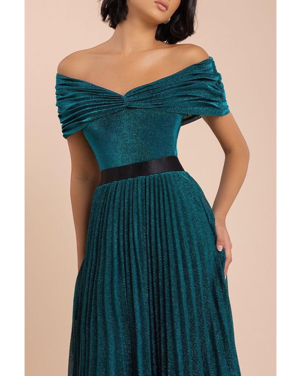 Goddiva Blue Bardot Pleated Skirt Maxi