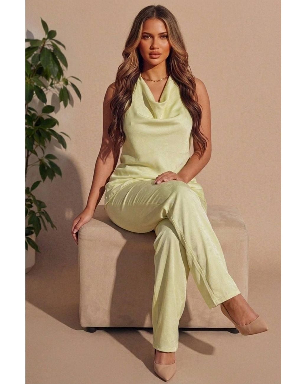 Femme Luxe Natural Cowl Neck Sleeveless Top & Wide Leg Trouser Set