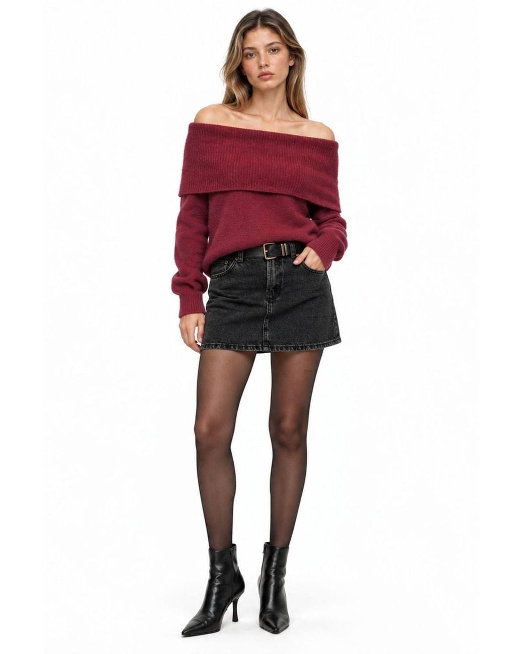 MixRay Red Oversized Ribbed Knitwear Blouse With Madonna Collar