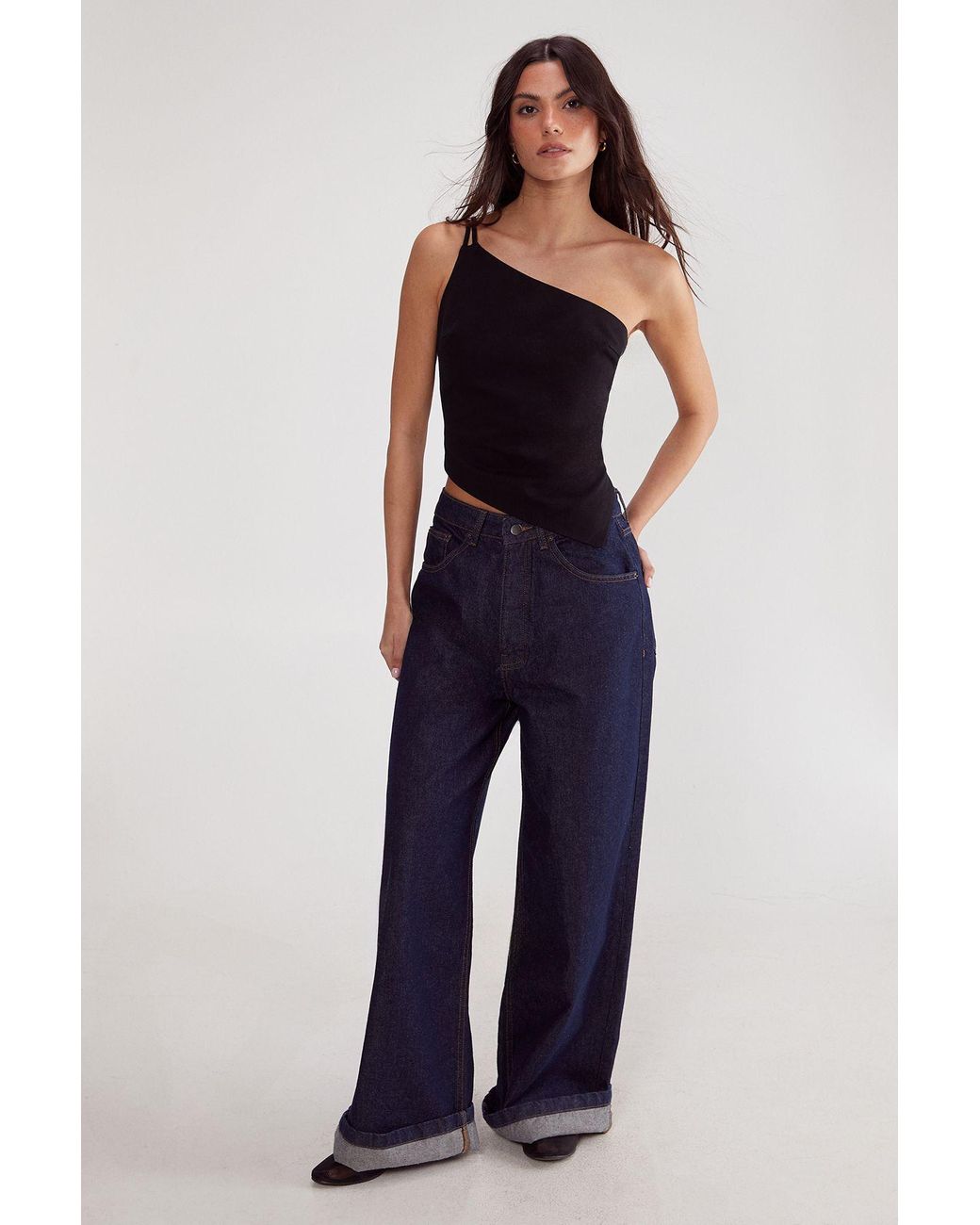 Nasty Gal Blue Cotton Twill Asym Neck Tailored Top