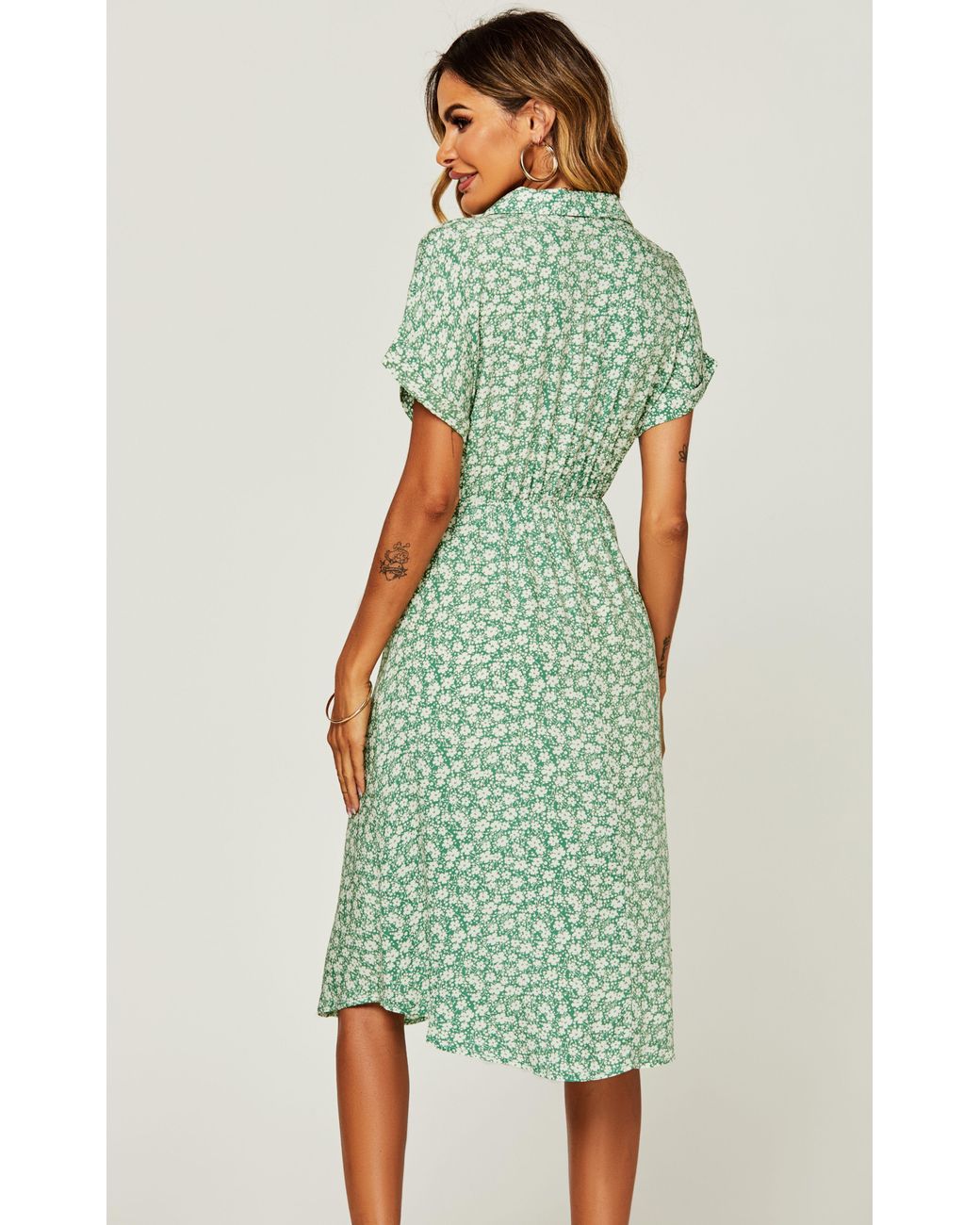 FS Collection Green Relaxed Floral Print Button Down Midi Shirt Dress