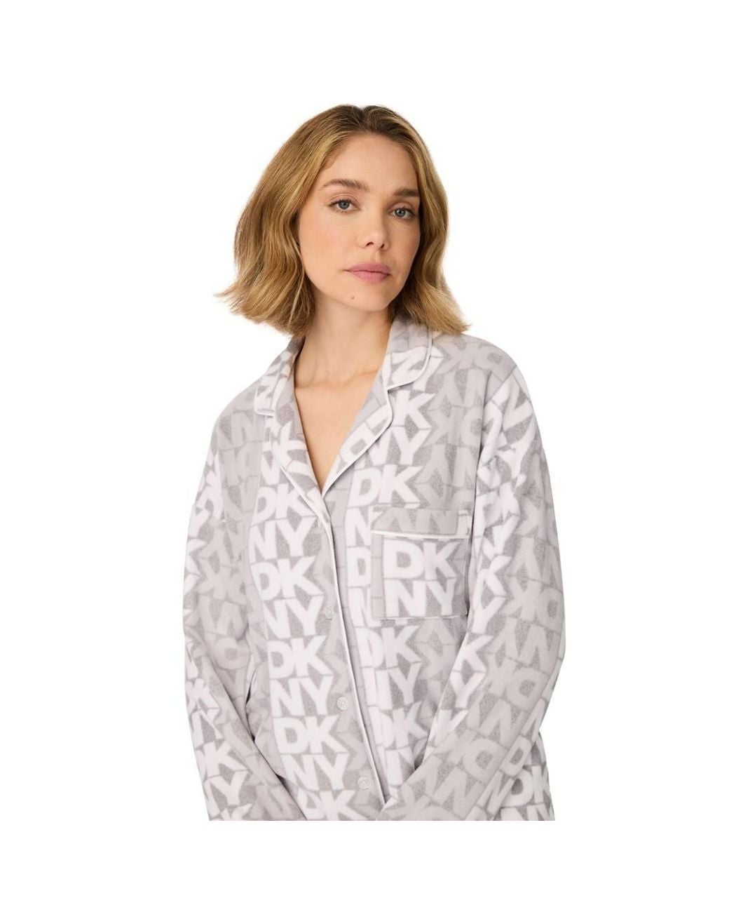 DKNY Gray Long Sleeve Notch Top & Pant Sleep Set
