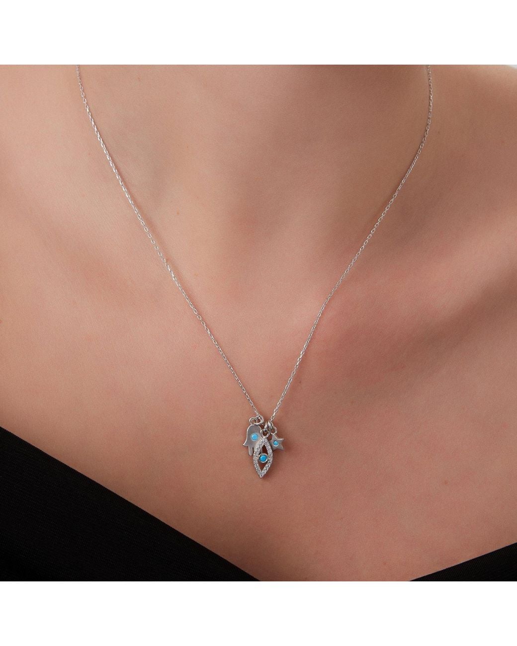 Spero London Metallic Hamsa Evil Eye Star Sterling Necklace