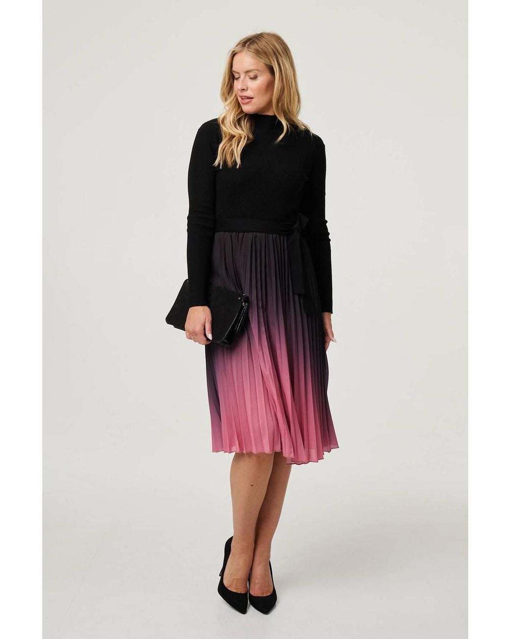 Izabel London Pink Ombre Tie Waist Pleated Knit Midi Dress