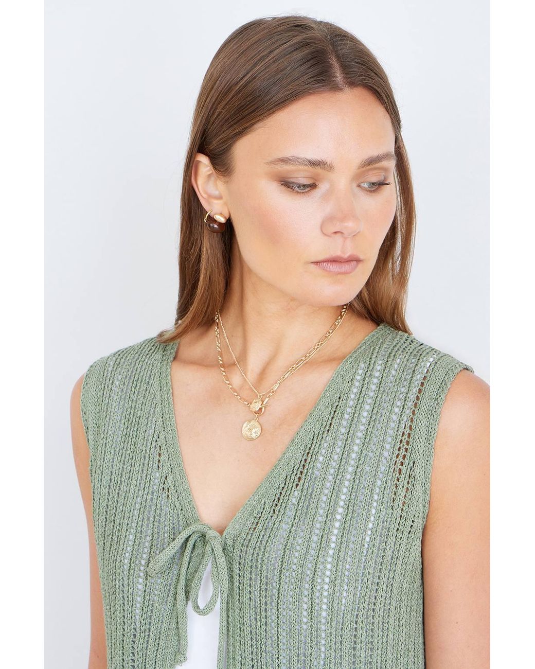 Yumi' White Knitted Cotton Tie Waistcoat Top