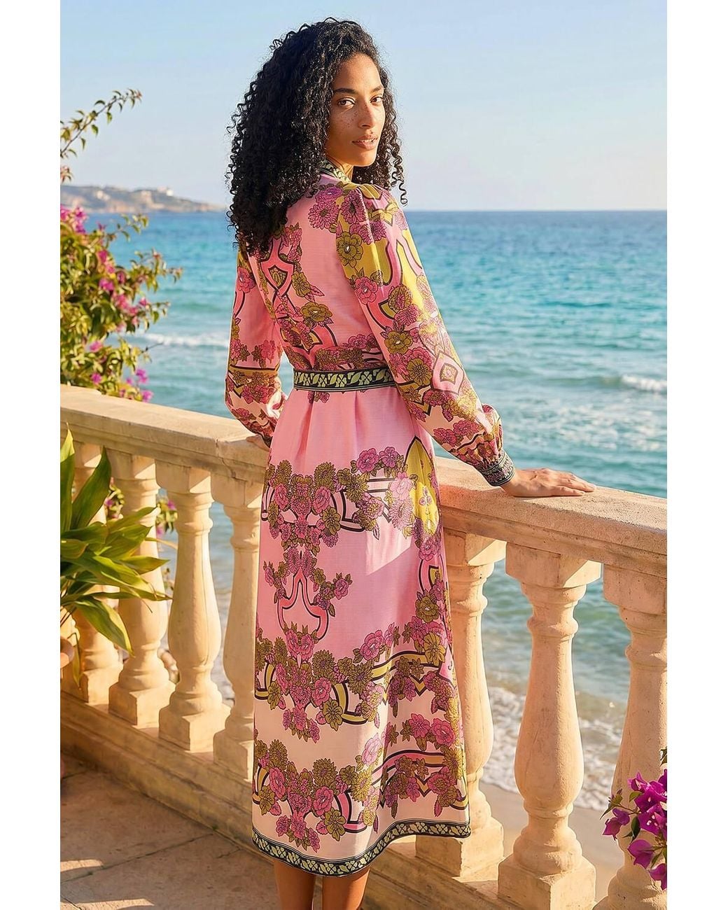 Roman Blue Floral Print Border Shirt Midi Dress