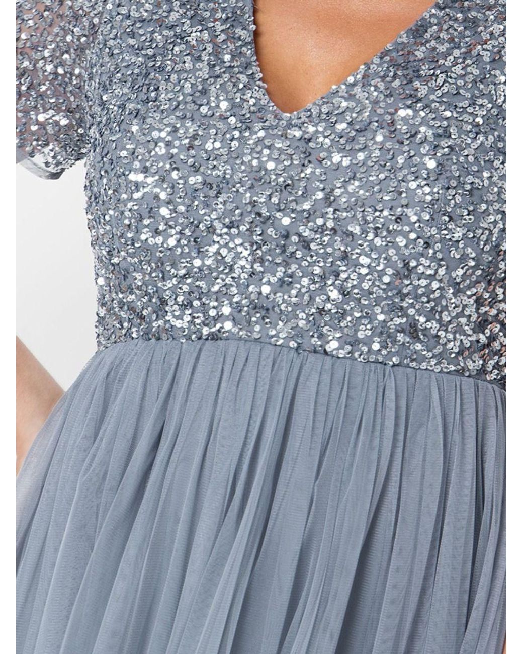 Maya Deluxe Blue Short Sleeve V Neck Embellished Midi Dress
