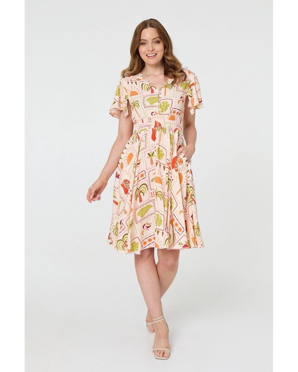 Izabel London Pink Printed V-Neck Shirred Knee Length Dress