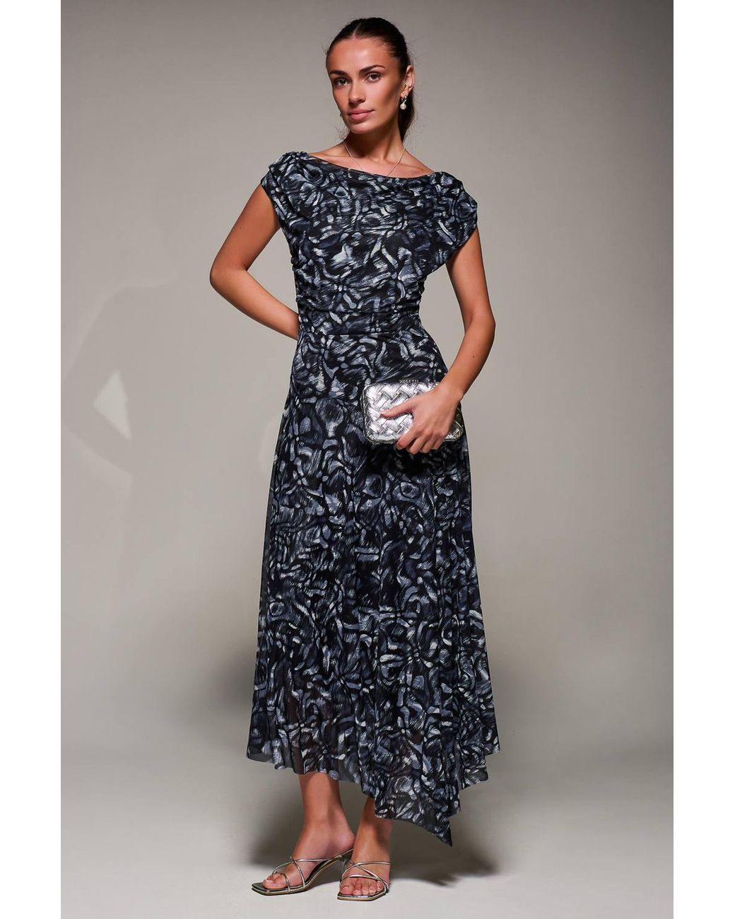 Jolie Moi Blue Mesh Asymmetrical Draped Maxi Dress