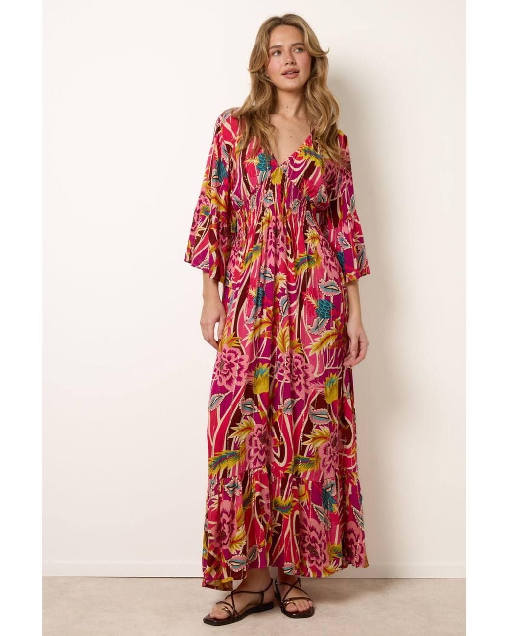 Blue Vanilla Shirred Waist Long Sleeve V-Neck Maxi Dress