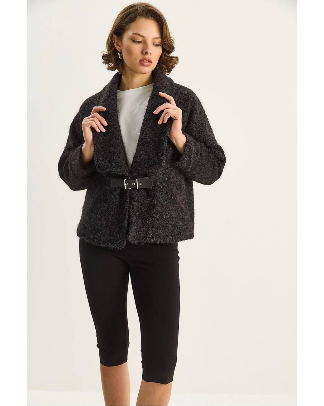 Bianco Lucci Black Coat With Belt Detail
