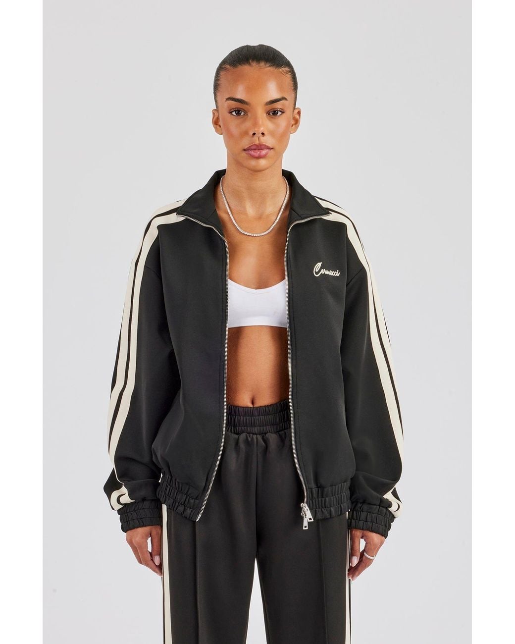 CERNUCCI Black Funnel Neck Taping Zip Through Track Jacket