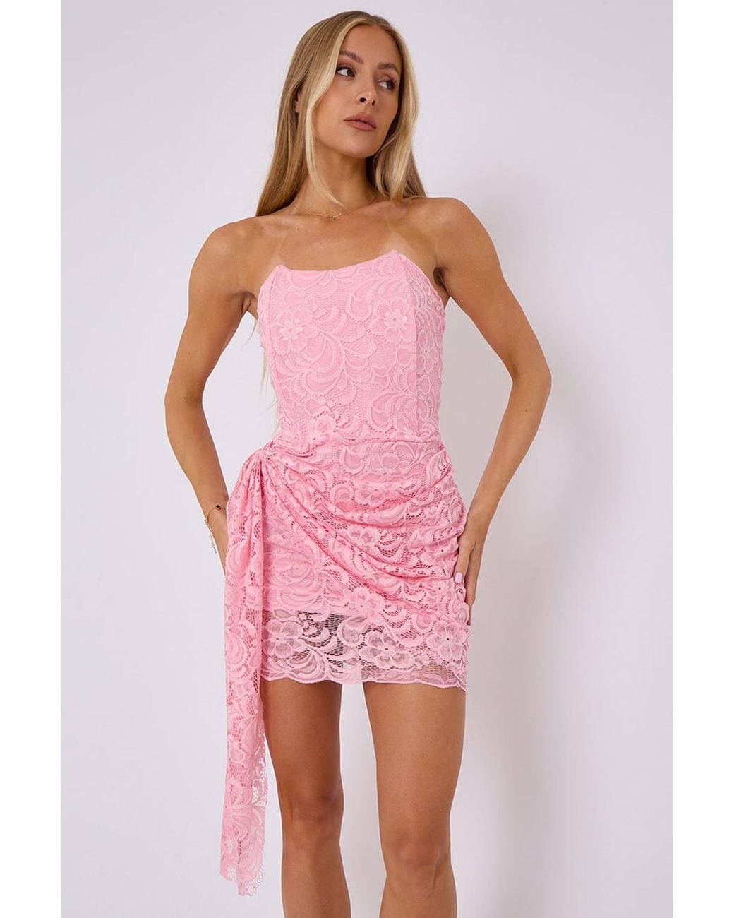 Stylewise Pink Lace Drape Detail Bandeau Bodycon Mini Dress