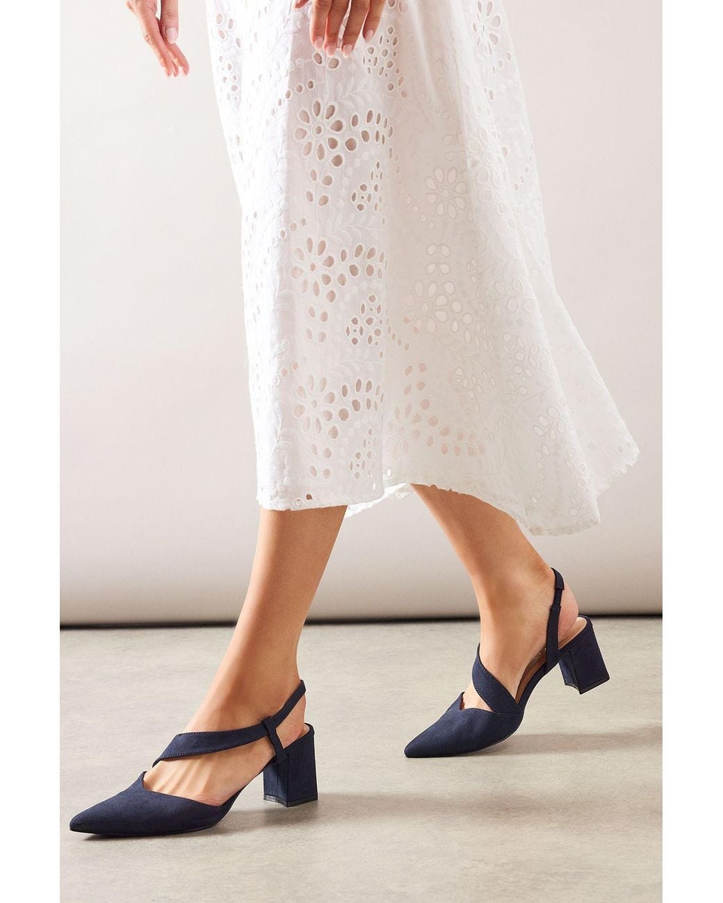 Wallis Blue Wide Fit Eve Asymmetric Strap Block Heel Pointed Court Shoes