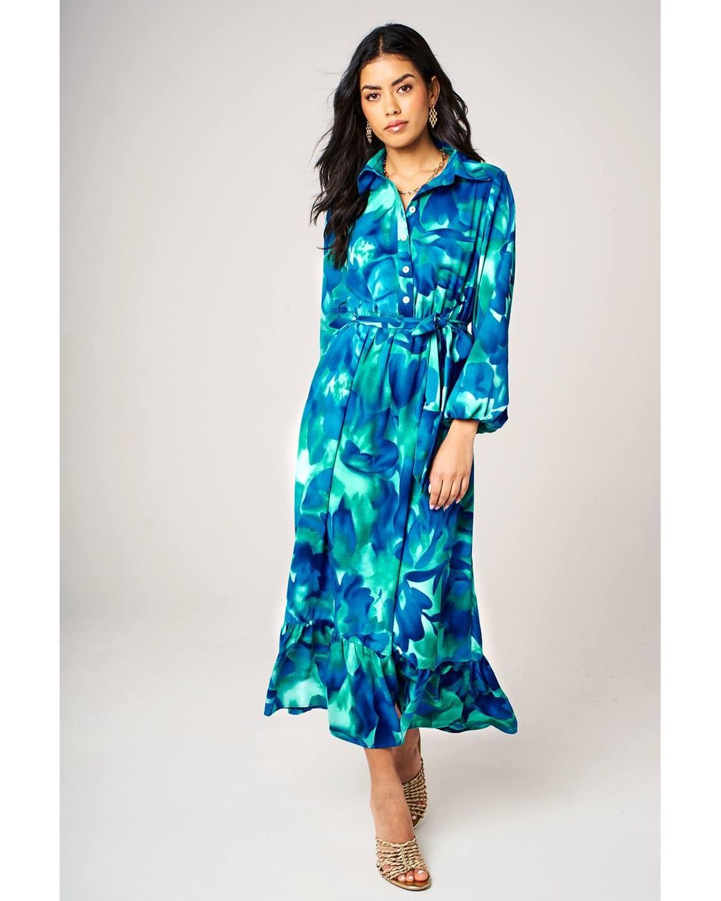 FS Collection Blue Abstract Floral Print Shirt Midi Dress With Ruffled Hem
