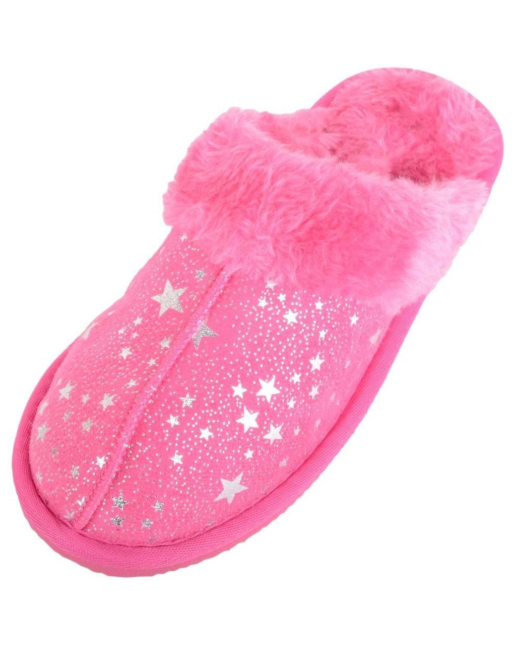 Absolute Footwear Pink Childrens Slip On Open Back Faux Fur Mule Slippers With Star Design