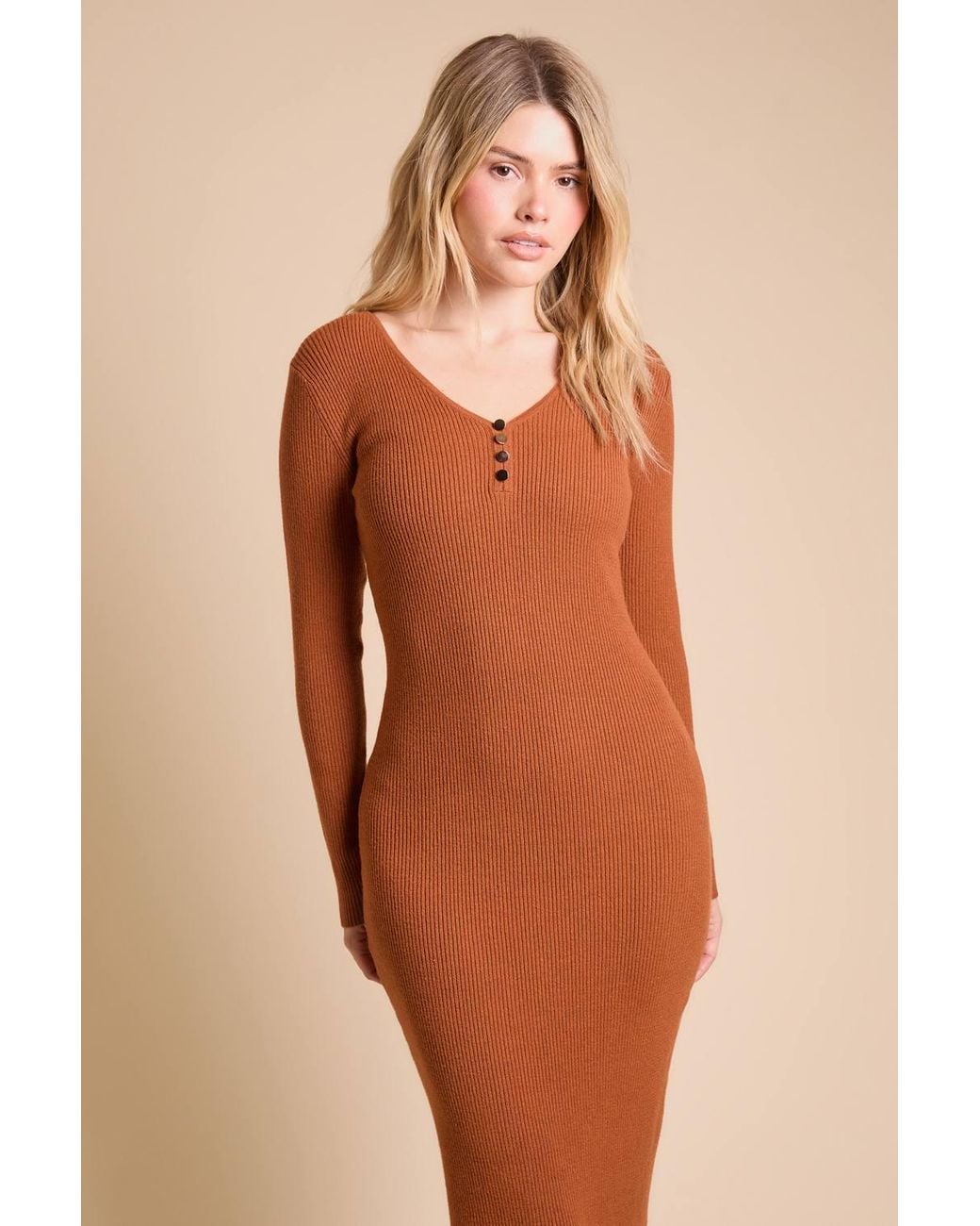 Dorothy Perkins Natural V-Neck Button Down Knitted Maxi Dress
