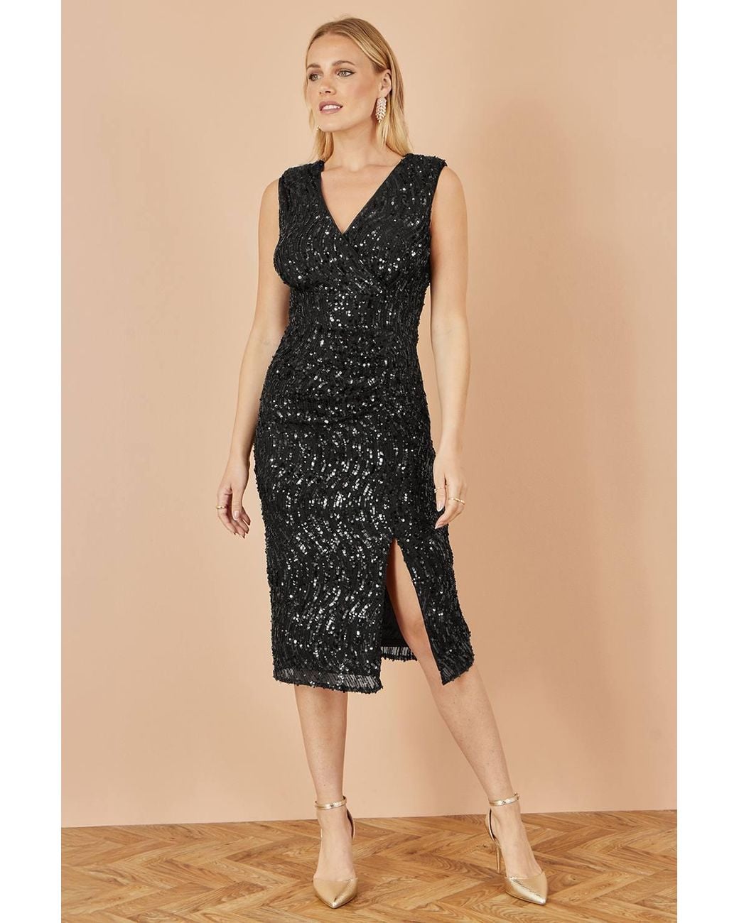 Yumi' Black Sequin Fitted Wrap Dress With Split Hem