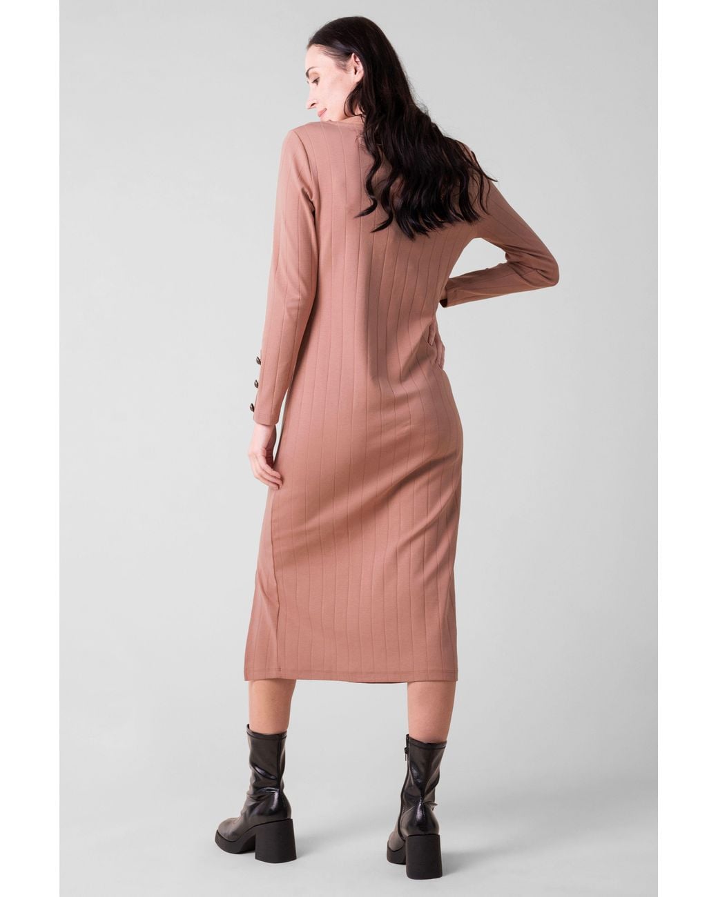 Enorsia Natural Ruched Button Decor Long Sleeve Tunic Dress