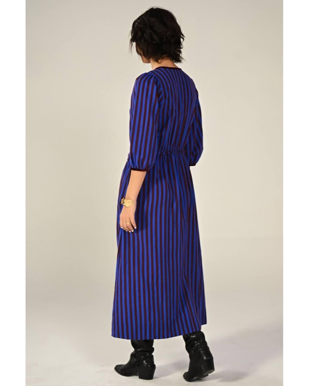 Rose & Nancy Blue Isla Hand Smocked & Burgundy Stripe Midi Dress