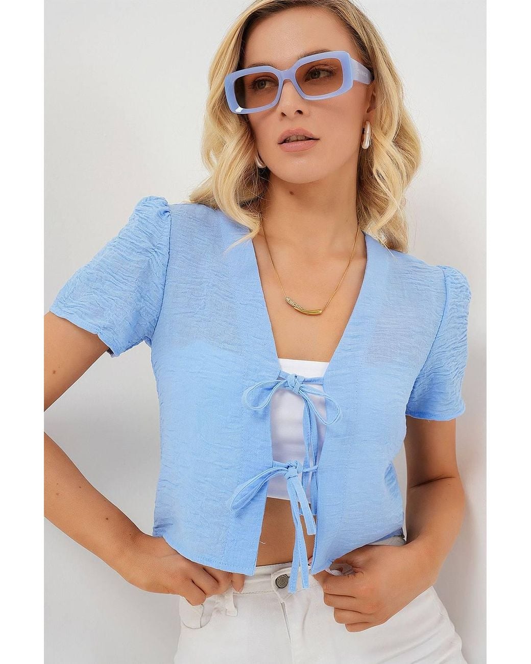 Bigdart Blue Textured V-Neck Linen Blend Crop Top